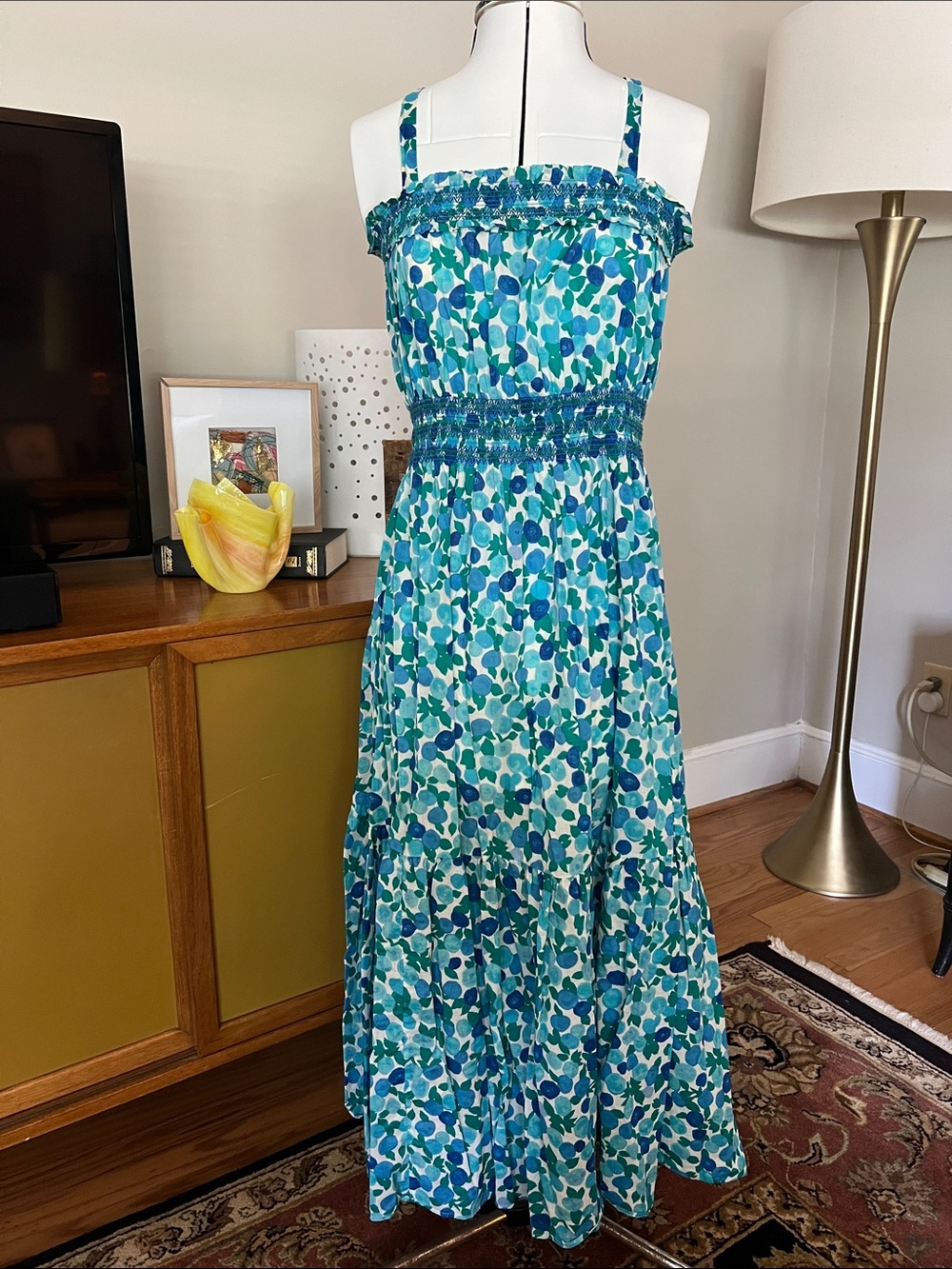 J. Crew Teal and Blue Floral Smocked Strap Maxi Dress